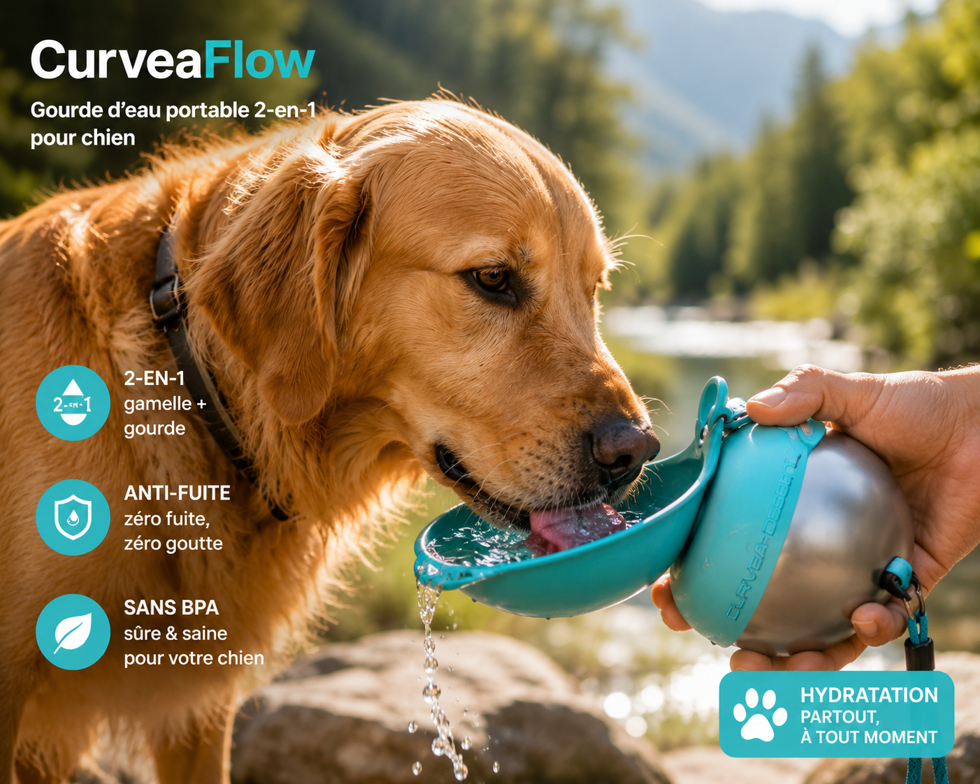 CurveaFlow Gourde d’eau portable 2-en-1 pour chien
