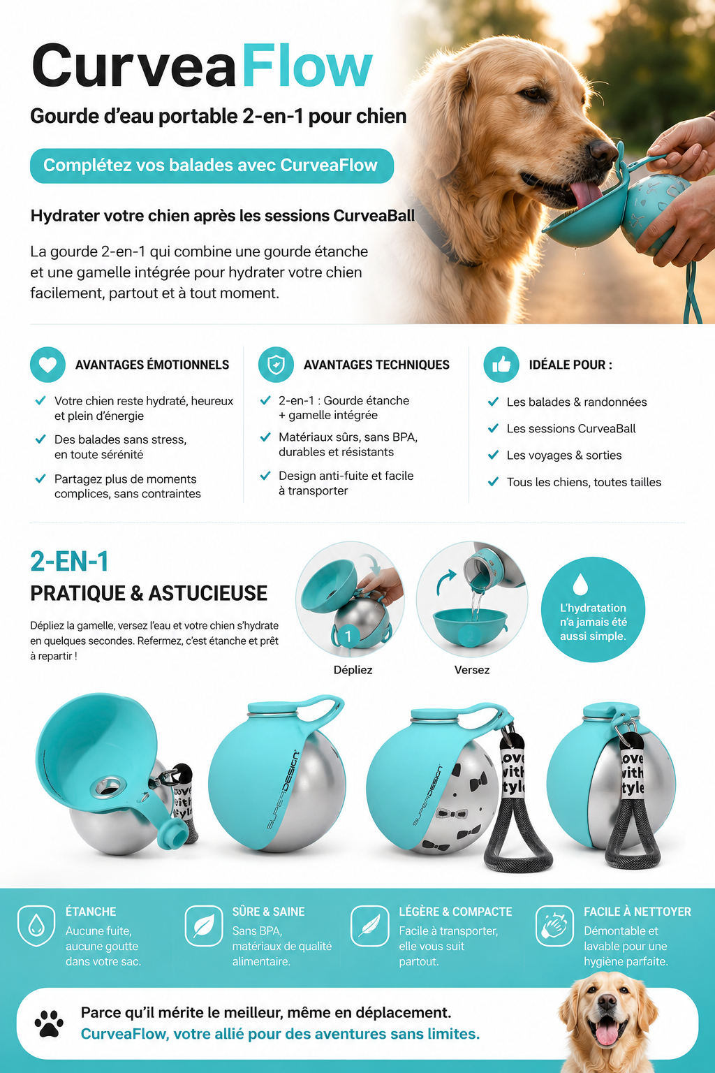 CurveaFlow Gourde d’eau portable 2-en-1 pour chien